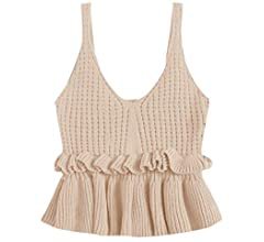 SweatyRocks Women's Casual Knit Top Sleeveless Ruffle Hem V Neck Peplum Crop Tank Top Beige S at Amazon Women’s Clothing store