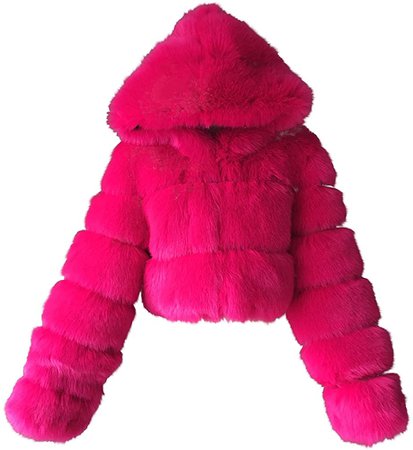 Womens Faux Fur Coat Jacket Open Front Crop Tops Solid Color Shaggy Hooded Cardigan Long Sleeve Fashion Warm Outwear Memela Hot Pink at Amazon Women's Coats Shop