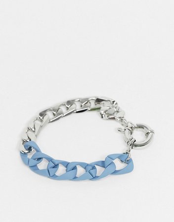 DesignB chunky chain bracelet in silver with blue rubber links | ASOS