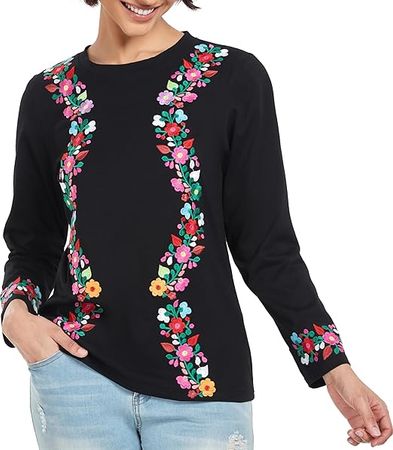 YZXDORWJ Mexican Long Sleeve Shirts for Women Peasant Embroidered Blouse Floral Traditional T-Shirt Boho Tee (XL, Y719BK) at Amazon Women’s Clothing store