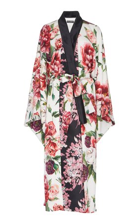 Peony Print Jacquard Trimmed Stretch Silk Kimono Robe by Dolce & Gabbana | Moda Operandi