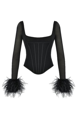 Clothing : Tops : 'Stella' Black Mesh Feather Trimmed Corset