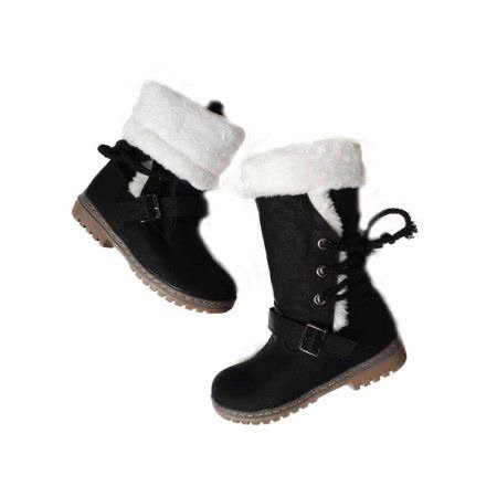 black winter boots with white shearling trim