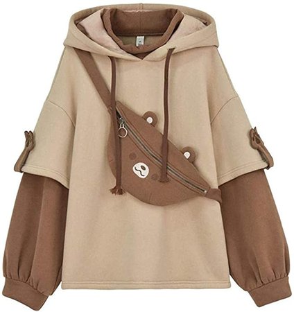 YSLMNOR Brown Bear Hoodie for Womens Long Sleeve Sweatshirts Patchwork Shirts with Cute Personality Bag at Amazon Women’s Clothing store