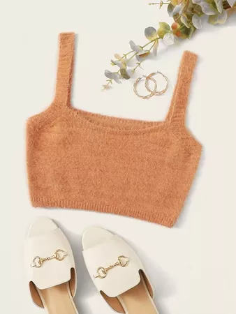 Crop Slim Fuzzy Knit Cami Top | SHEIN USA brown