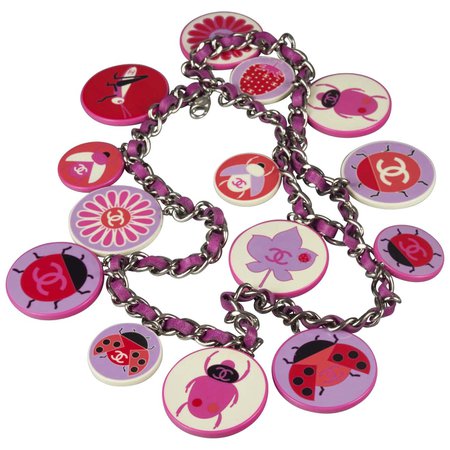 Vintage 2004 CHANEL Novelty Bugs Flowers Logo Charm Necklace Belt For Sale at 1stDibs