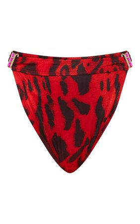 Premium Red Leopard Jewel Trim Bikini Bottom | PrettyLittleThing