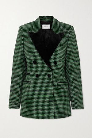 Oxford Double-breasted Velvet-trimmed Houndstooth Wool-blend Tweed Blazer - Green