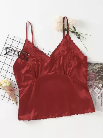 Floral Embroidery Scallop Cami Top | SHEIN USA burgundy
