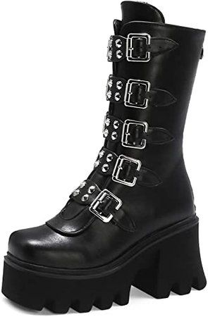 Amazon.com | YIYA Studded Ankle Boots for Women Round Toe Buckle Motorcycle Boots Black Chunky Heels Platform Gothic Shoes | Mid-Calf