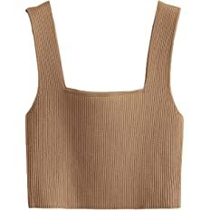 Verdusa Women's Square Neck Sleeveless Solid Ribbed Knit Crop Top Tank Brown L at Amazon Women’s Clothing store