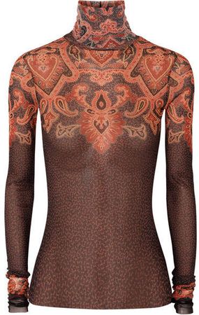Printed Stretch-tulle Turtleneck Top - Brown