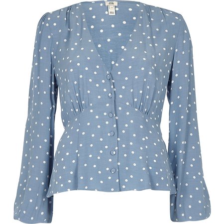 Blue spot long sleeve tea top - Blouses - Tops - women