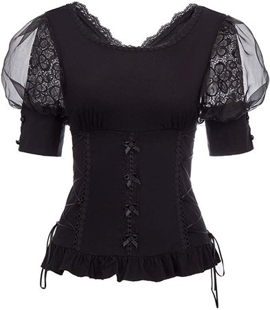 Lady Steampunk Lace Up Gothic Blouse Vampire Corset Victorian Top Black L at Amazon Women’s Clothing store