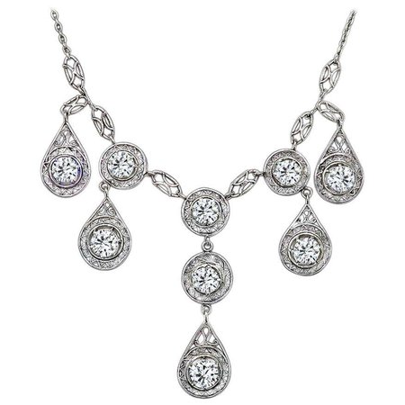Edwardian Old Euro Diamond Platinum Necklace For Sale at 1stDibs