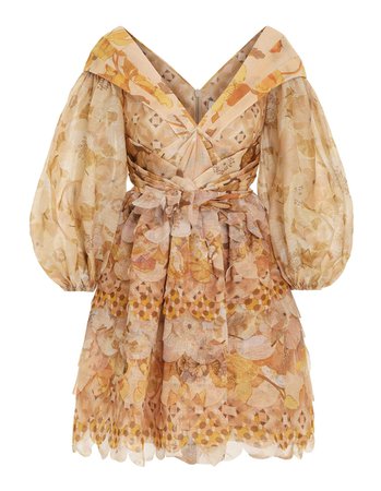 Tempo Scalloped Mini Dress Gold Mixed Print Online | Zimmermann