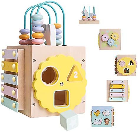 Amazon.com: Mini-sized wooden activity play cube toy for toddlers - Bead maze shape sorter spinning gears cute xylophone perfect for 2 year old kids : Toys & Games