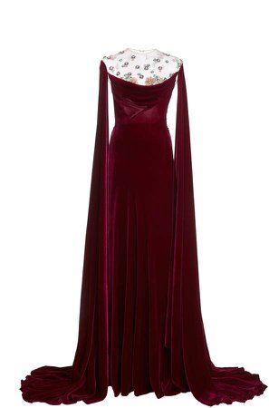 Costarellos Avery Embellished Silk Velvet Cape-Sleeve Gown
