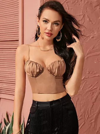 Ruched Bust Lace-up Back Satin Crop Cami Top | SHEIN USA