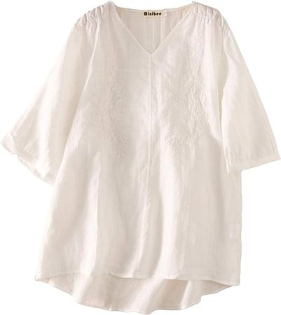 Minibee Women's Cotton Linen Embroidery Blouse V-Neck Plain Simple Tunic Long Sleeve Tops Pullover Cream L at Amazon Women’s Clothing store
