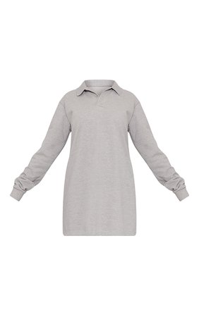 Grey Marl Waffle Polo Collar Oversized Long Sleeve T Shirt Dress | PrettyLittleThing USA