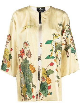 Shop yellow Etro tiger and water lily-print silk top with Express Delivery - Farfetch