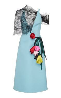 Prada - Deep V-Neck Lace Floral Appliqué Midi Dress