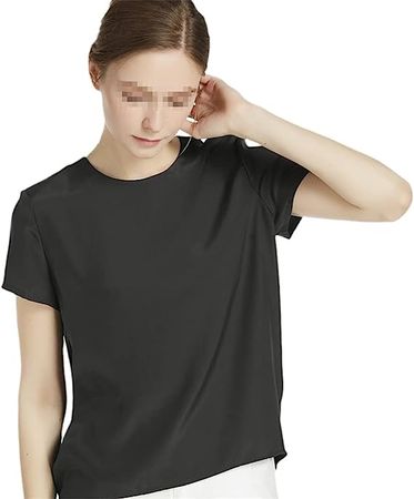 Silk Blouse Women Top Shirt Short Sleeve Tee Round Collar Button Slit Shirt at Amazon Women’s Clothing store