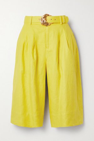 Clara Belted Linen Shorts - Chartreuse