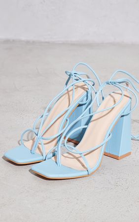 Baby Blue Pu Toe Lace Up High Block Heeled Sandals | PrettyLittleThing USA