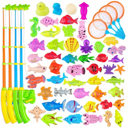 Amazon.com: AUUGUU Magnetic Fishing Game Water Toy – 4 Fishing Poles with Working Reels, 4 Nets and 50 Colorful Magnetic Fish for Kiddie Pool, Water Table or Bath Fun – Toddler Toy for Ages 3-5: Toys & Games