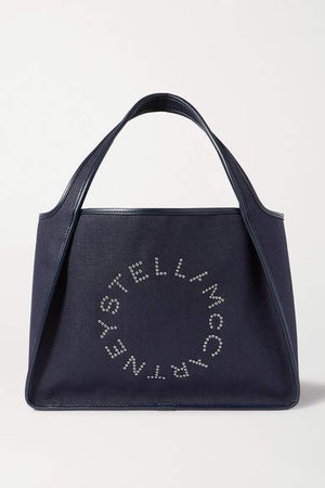Eyelet-embellished Faux Leather-trimmed Linen-canvas Tote - Navy