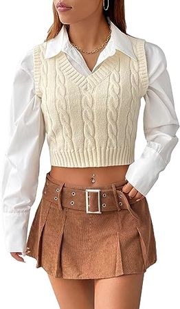 GORGLITTER Women's Cable Knit Crop Sweater Vest V Neck Solid Sleeveless Knitwear Pullover Top at Amazon Women’s Clothing store