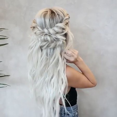 messy crown braid white wavy hairstyle