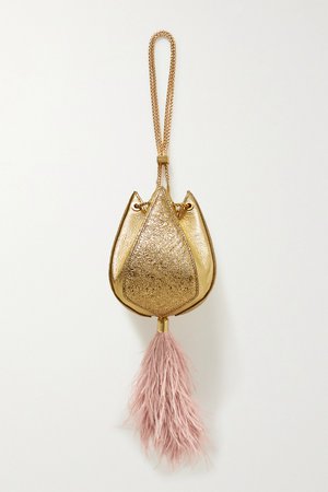 Gold Cindy mini feather-trimmed metallic textured-leather clutch | THE VOLON | NET-A-PORTER