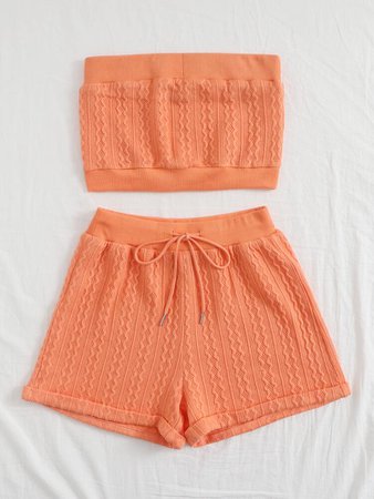 Cable Knit Tube Top & Drawstring Waist Shorts Set | SHEIN USA