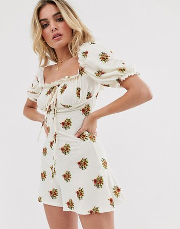 PrettyLittleThing milkmaid playsuit with puff sleeve in cream floral | ASOS