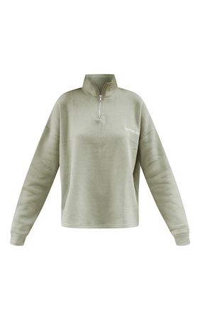 PRETTYLITTLETHING Khaki Oversize Half Zip High Neck Sweatshirt | PrettyLittleThing USA