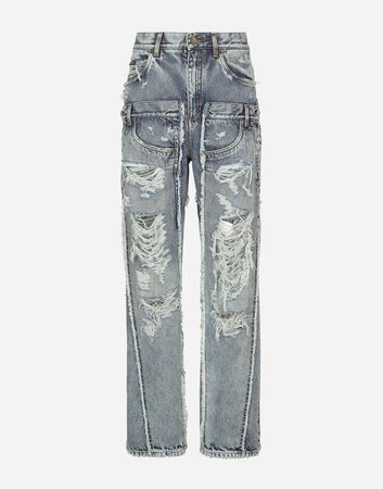 KIM DOLCE&GABBANA Patchwork denim jeans with ripped details in Multicolor for Women | Dolce&Gabbana®