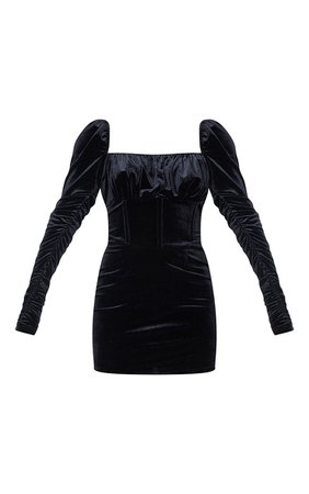 Black Velvet Ruched Corset Detail Bodycon Dress | PrettyLittleThing USA