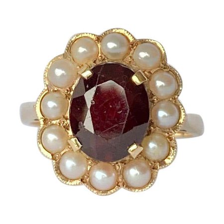 Vintage Garnet and Pearl 9 Carat Gold Cluster Ring For Sale at 1stDibs