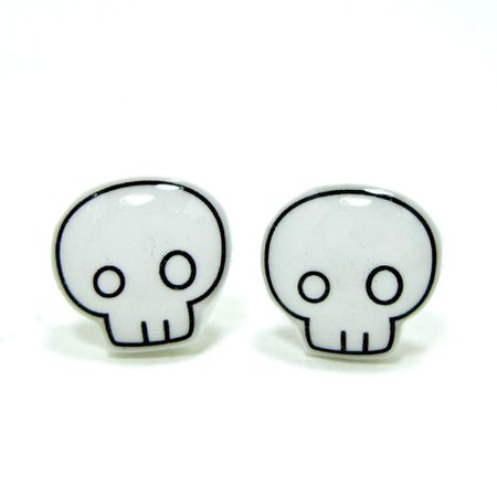 Skull Earrings - White Sterling Silver Posts Studs Emo Punk Kawaii Cute on Luulla