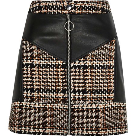 Brown check faux leather block mini skirt