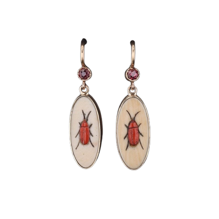 1880 Shibayama Insect with Ruby Conversion Earrings in 14k Gold