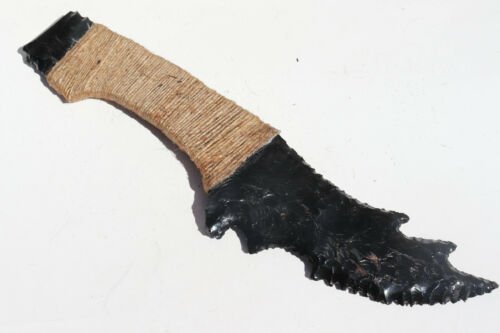 Obsidian Fantasy Knife w/ Twine Wrapped Handle Mayan Eccentric Repro. Dagger