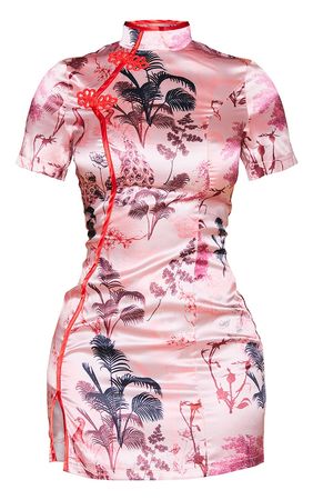 Petite Pink Satin Print Split Mini Dress | PrettyLittleThing USA