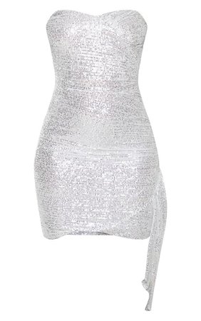 Silver Sequin Bandeau Drape Detail Bodycon Dress | PrettyLittleThing