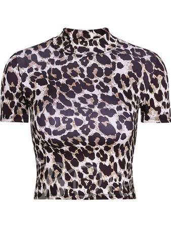 Sexy Slim Fit Leopard High Neck Women's Cropped T-Shirt - Tbdress.com