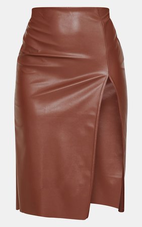 Chocolate Faux Leather Split Detail Midi Skirt | PrettyLittleThing USA
