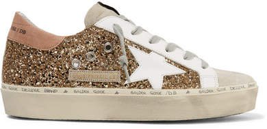 Hi Star Distressed Glittered Leather And Suede Sneakers